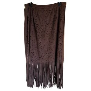 Reba Brown Suede Faux Wrap Skirt With Fringe - Size - XL